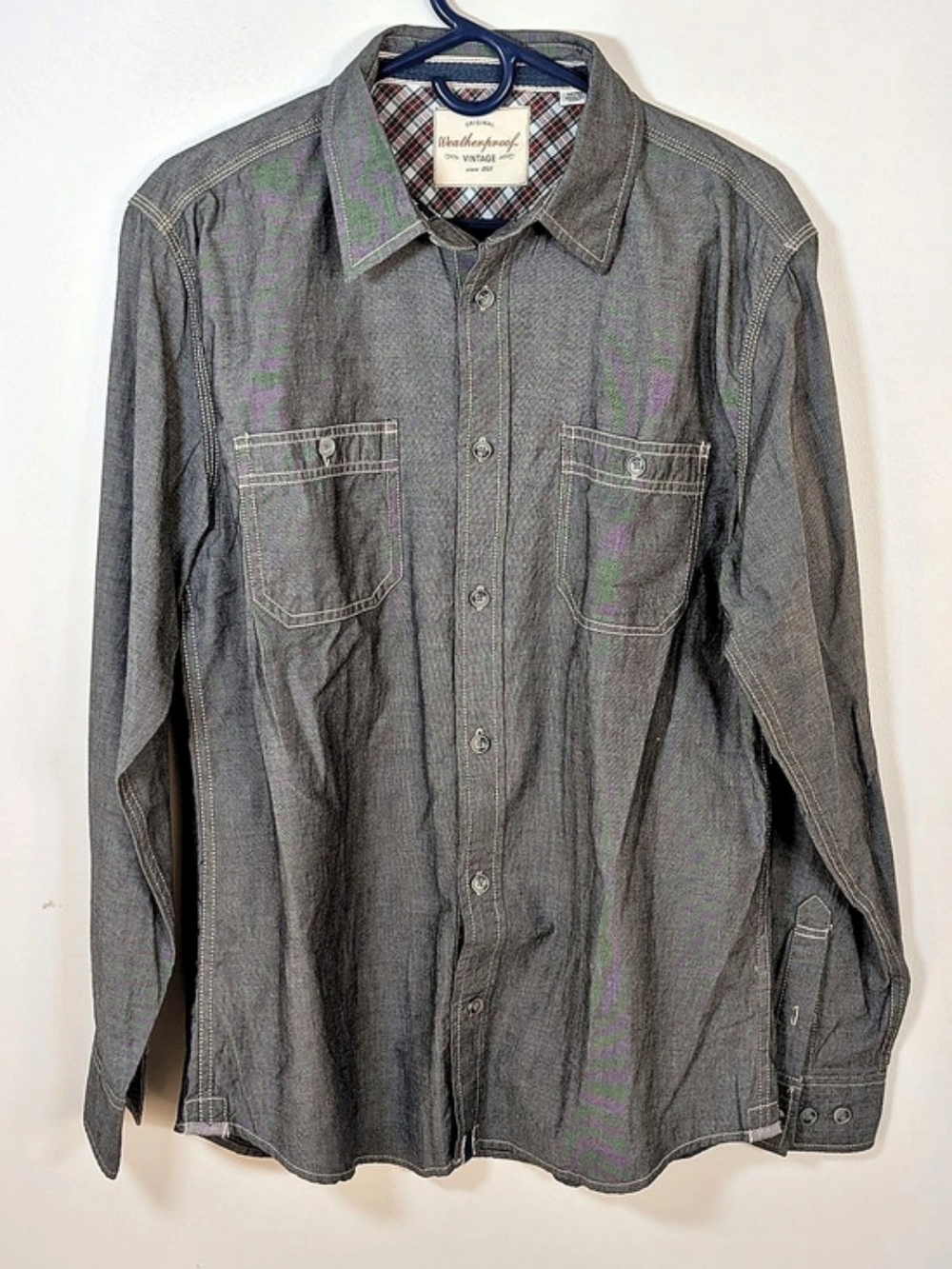 Weatherproof Vintage Gray Cotton Plaid Button Down Medium